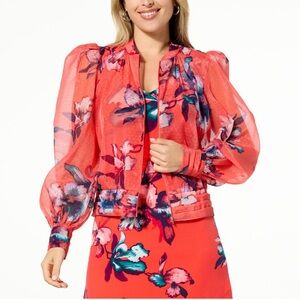 C. Wonder Vibrant Floral Puff Sleeve Blouse jacket sheer NWT
